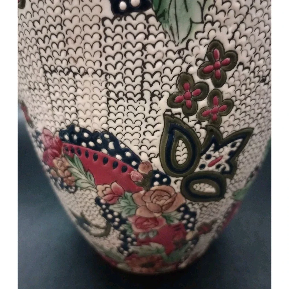Vintage Tall Textured Porcelain Chinese Vase Hand Painted Raised Flowers 12in